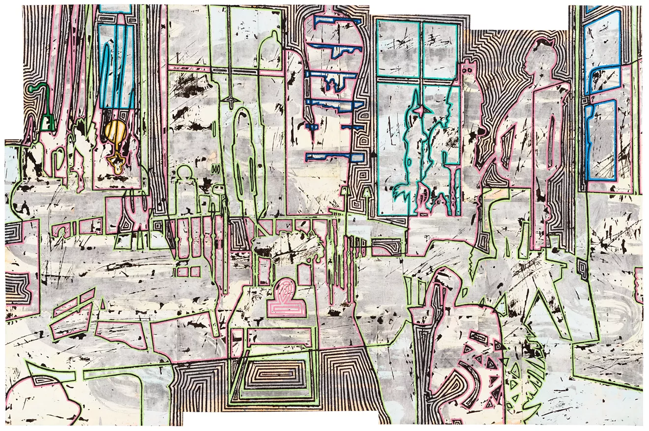 Bo Joseph  Holding Spaces: Masquerading as Mutualism, 2023  oil pastel, acrylic and tempera on joined paper         paper: 47 3/4 x 72 5/8 inches frame: 54 1/4 x 78 7/8 inches