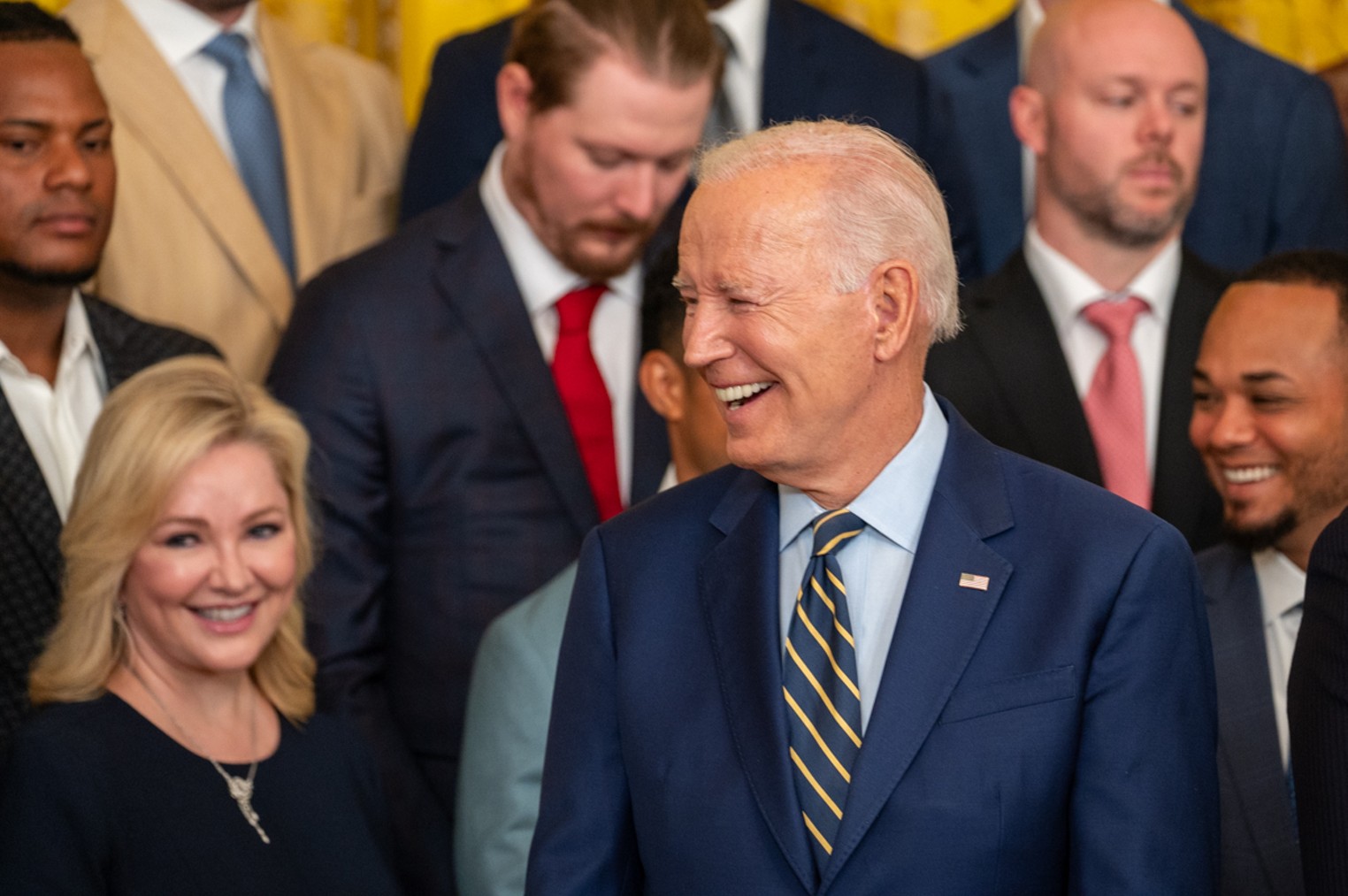 Houston Astros owner Jim Crane and Houston Astros manager Dusty Baker Jr.,  right, present a jersey to President Joe Biden during an event celebrating  the 2022 World Series champion Houston Astros baseball