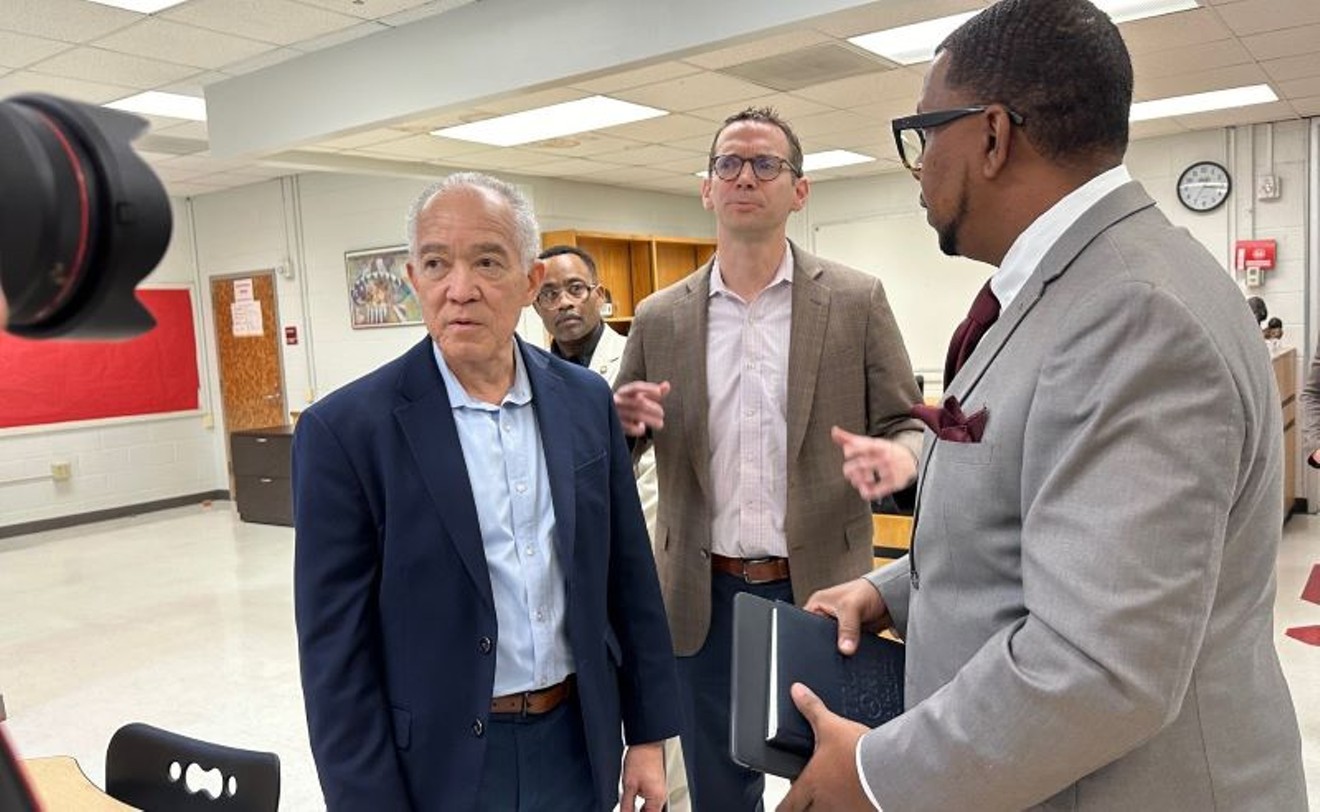 In February, Superintendent Mike Miles hosted a visit to the district by TEA Commissioner Mike Morath (center) . Shown here with Kashmere High Principal Brandon Dickerson.