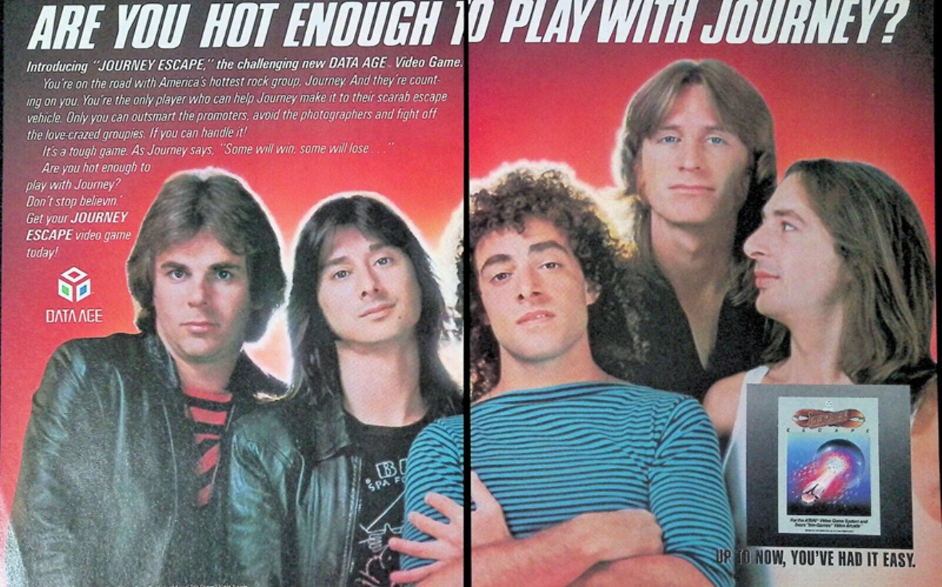 Who remembers that Journey had their own video game—in both arcade and home versions! According to actual promotional copy, players had to "escape" from "Love-Crazed Groupies, Sneaky Photographers, and Shifty-eyed Promoters."  L to R: Jonathan Cain, Steve Perry, Neal Schon, Ross Valory and Steve Smith.