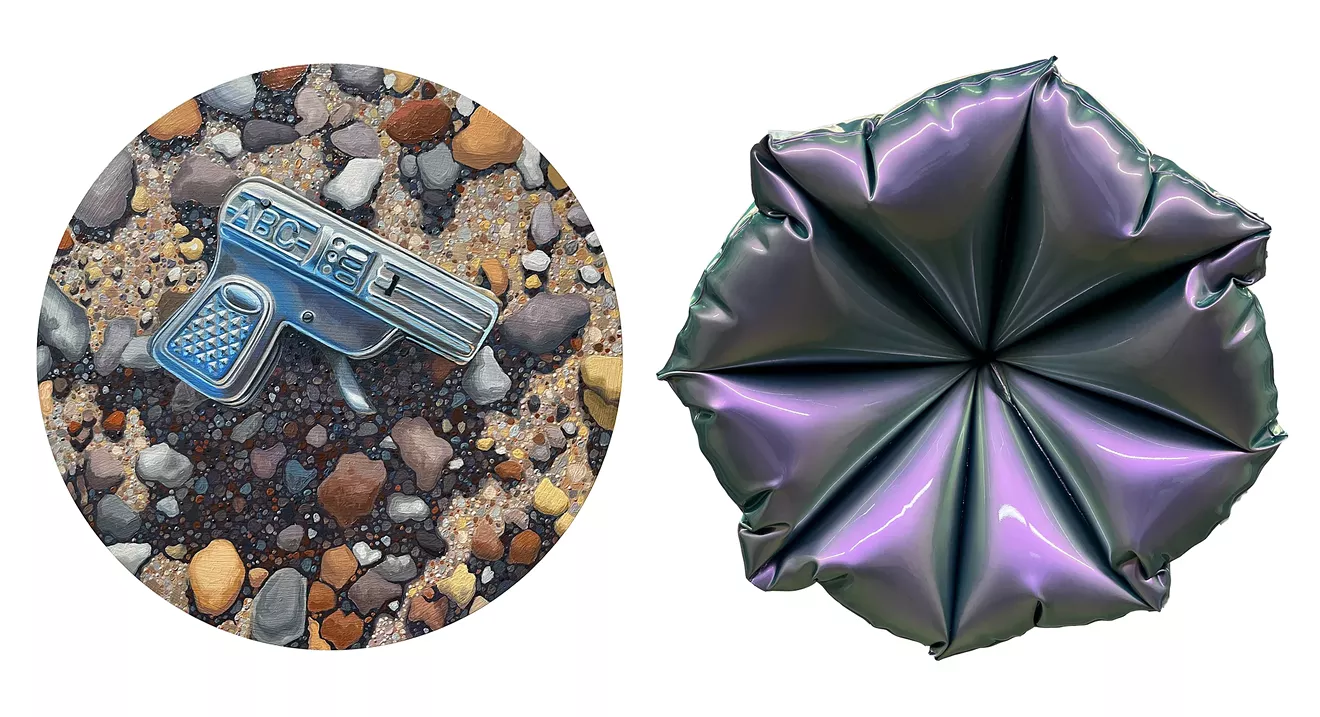 Left: Shannon Cannings, Environ, 2023, Oil on panel, 12 x 12&rdquo;. Right: William Cannings, Unfurl, 2023, Inflated steel, automotive paint, 28 x 28 x 13&rdquo;