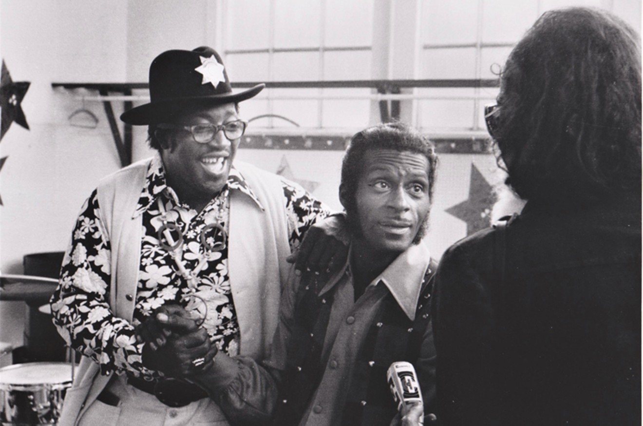 Bo Diddley and Chuck Berry backstage at London's Wembley Stadium, September 1972.