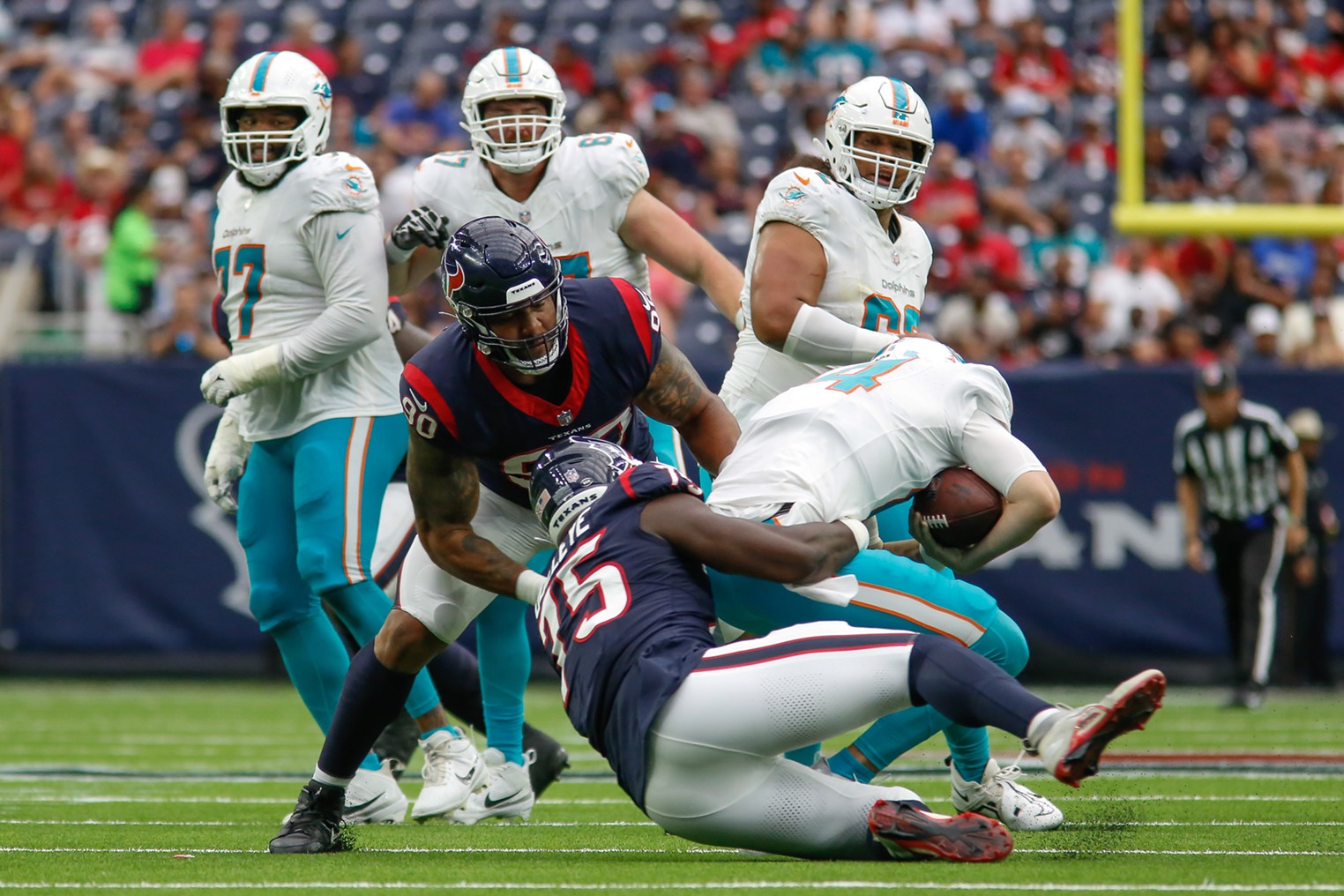 The Houston Texans fall 28-3 to the Miami Dolphins in their preseason home  opener, despite an early interception by the defense.