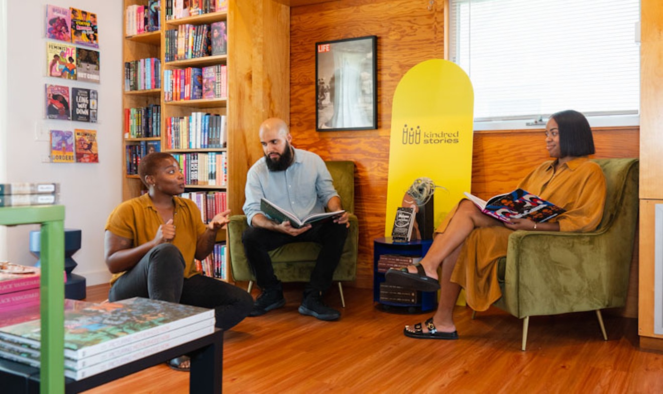 Inside Kindred Stories, one of 18 independent bookstores taking part in the 2024 Houston Bookstore Crawl. L to R: General Manager Chanecka Williams, Operations Lead Stevens Orozco and Founder Terri Hamm.