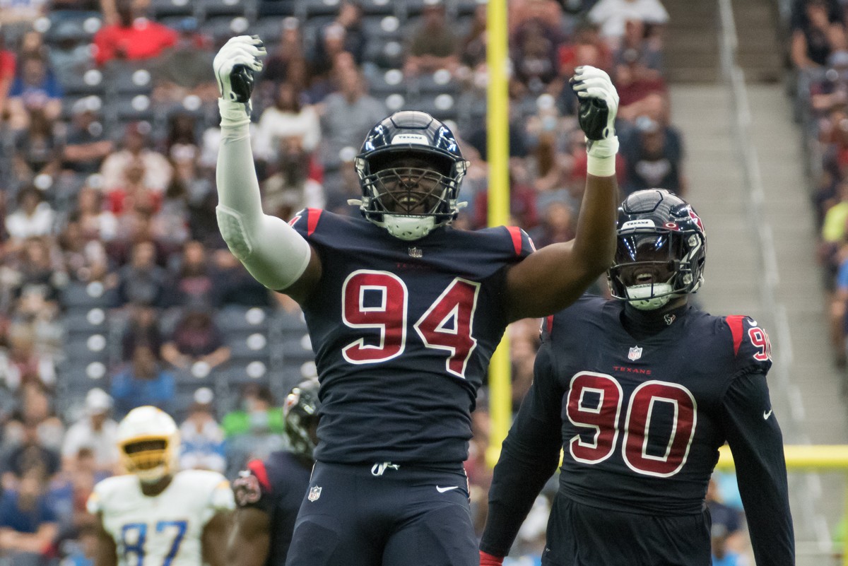 The Texans' defense, with replacement players like Harris (94), came up huge against the Chargers.