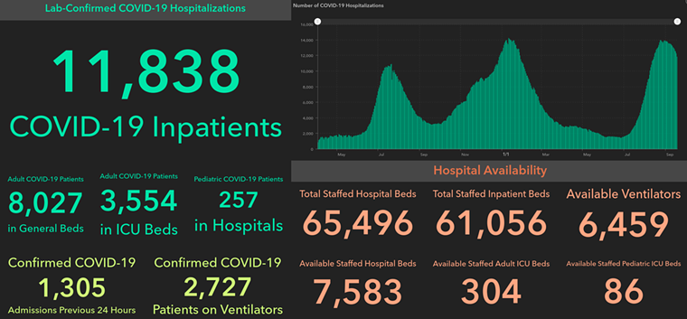 The latest COVID data from the Department of State Health Services shows fewer hospitalizations, but ICU beds are still scarce. - SCREENSHOT