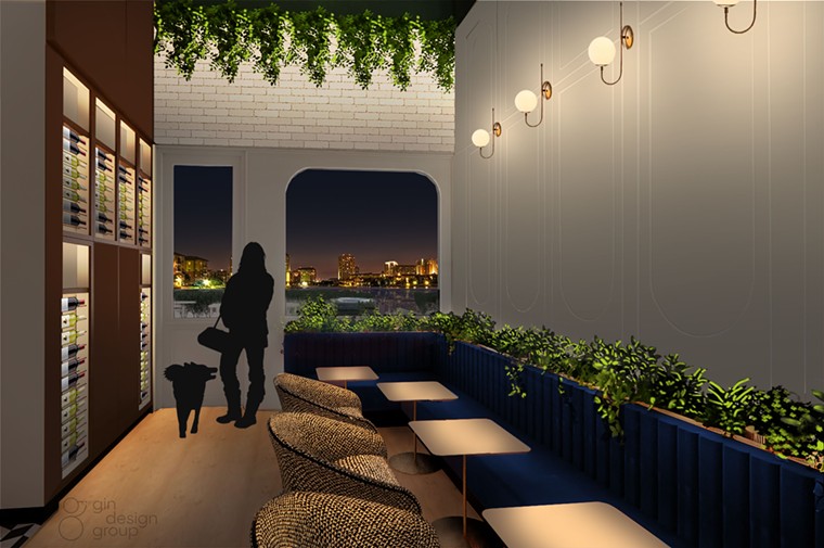 An outdoor patio, bottles of wine and your precious pooch can be enjoyed together at Pucci Cafe. - RENDERING BY GIN DESIGN GROUP