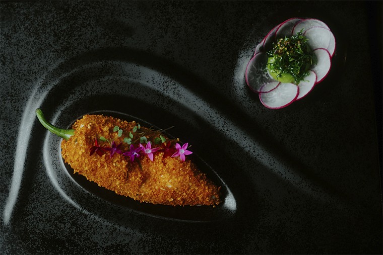 The Poblano Pepper Vada is coated in masala panko churma. - PHOTO BY MAX OTTER PRODUCTIONS