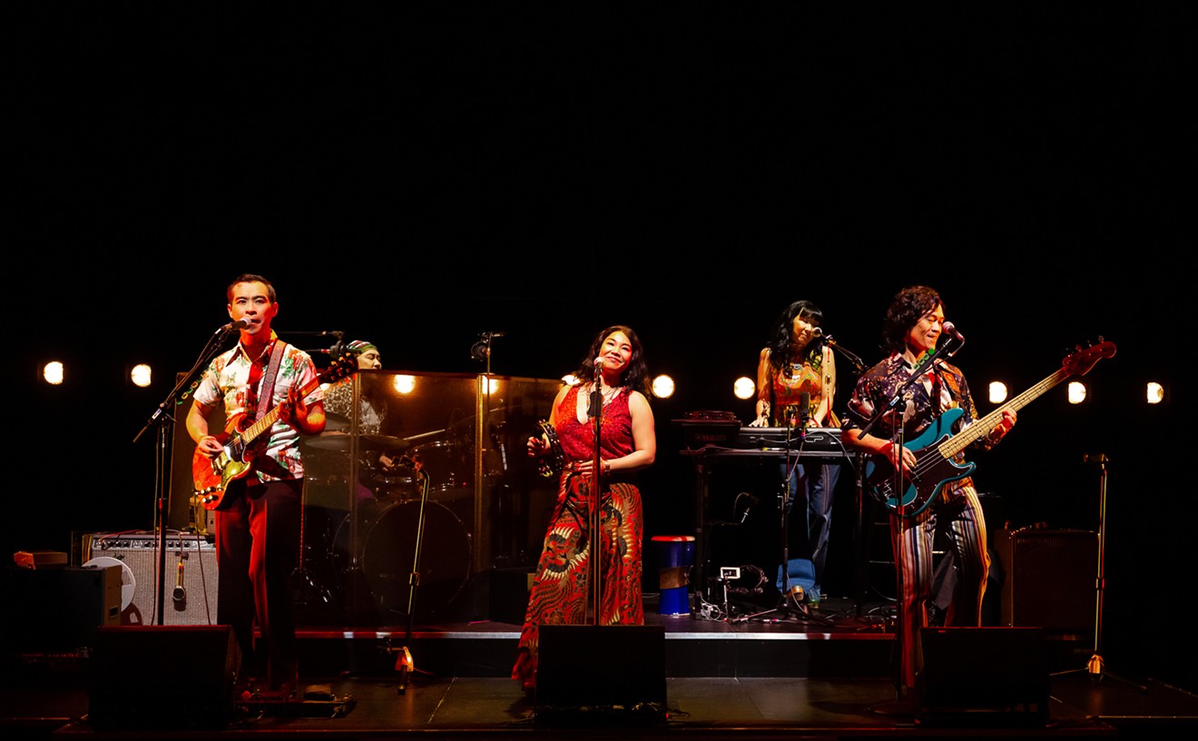 Joe Ngo, Abraham Kim, Geena Quintos, Jane Lui and Moses Villarama in Alley Theatre’s co-production of Cambodian Rock Band