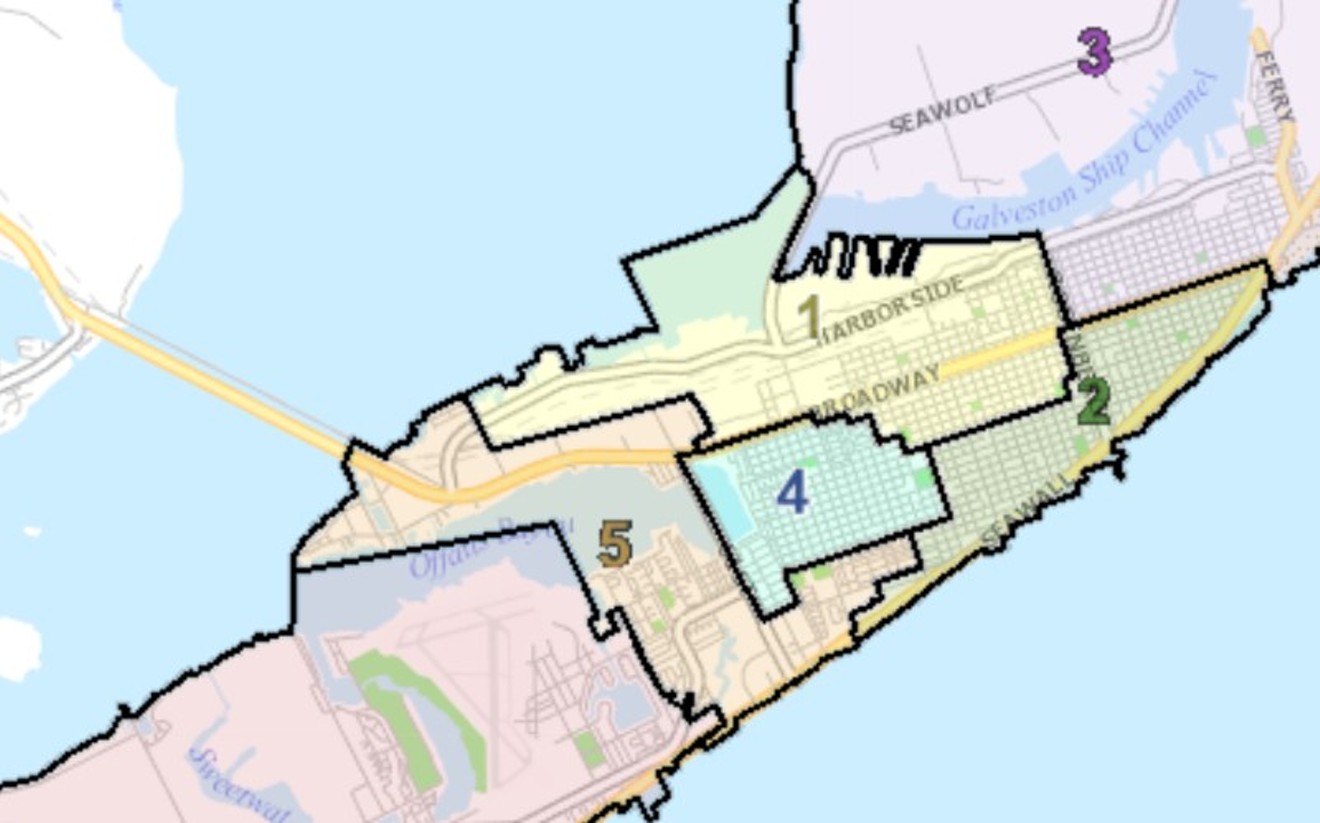 Outlined here are Galveston's six districts.