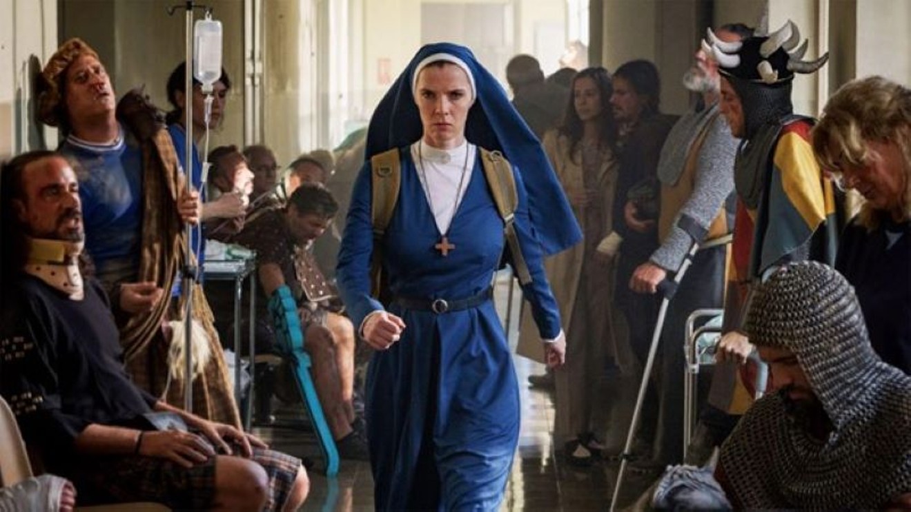 Betty Gilpin plays Simone the nun in Mrs. Davis.