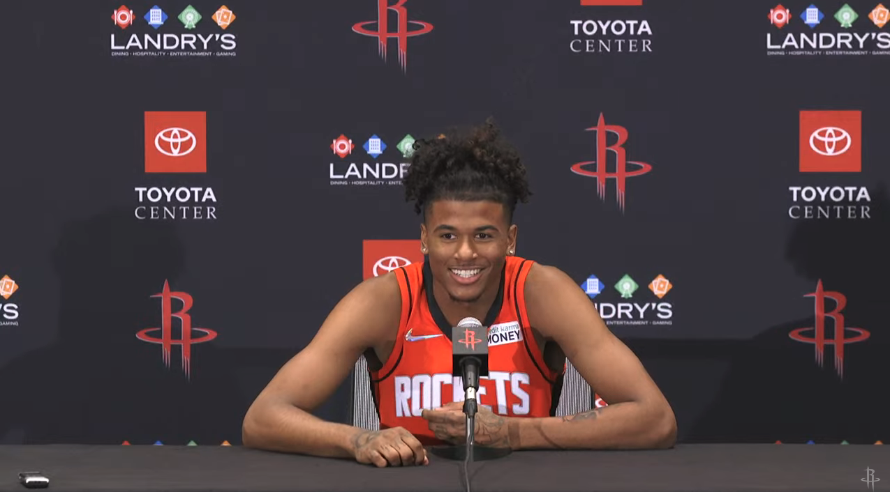 FILE - Houston Rockets' Jalen Green poses during an NBA basketball media  day, Monday, Sept. 26, 2022, in Houston. The NCAA's name, likeness and  image policy has had little impact on NBA