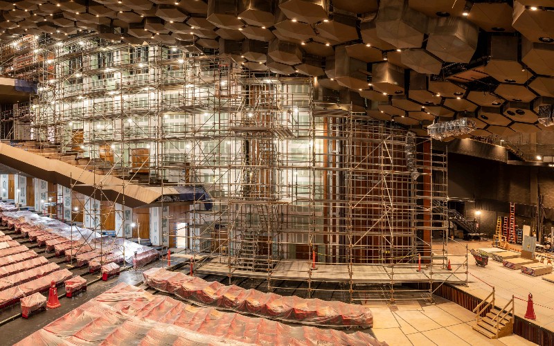 Scaffolding decorates the audience chamber as Jones Hall undergoes a facelift.