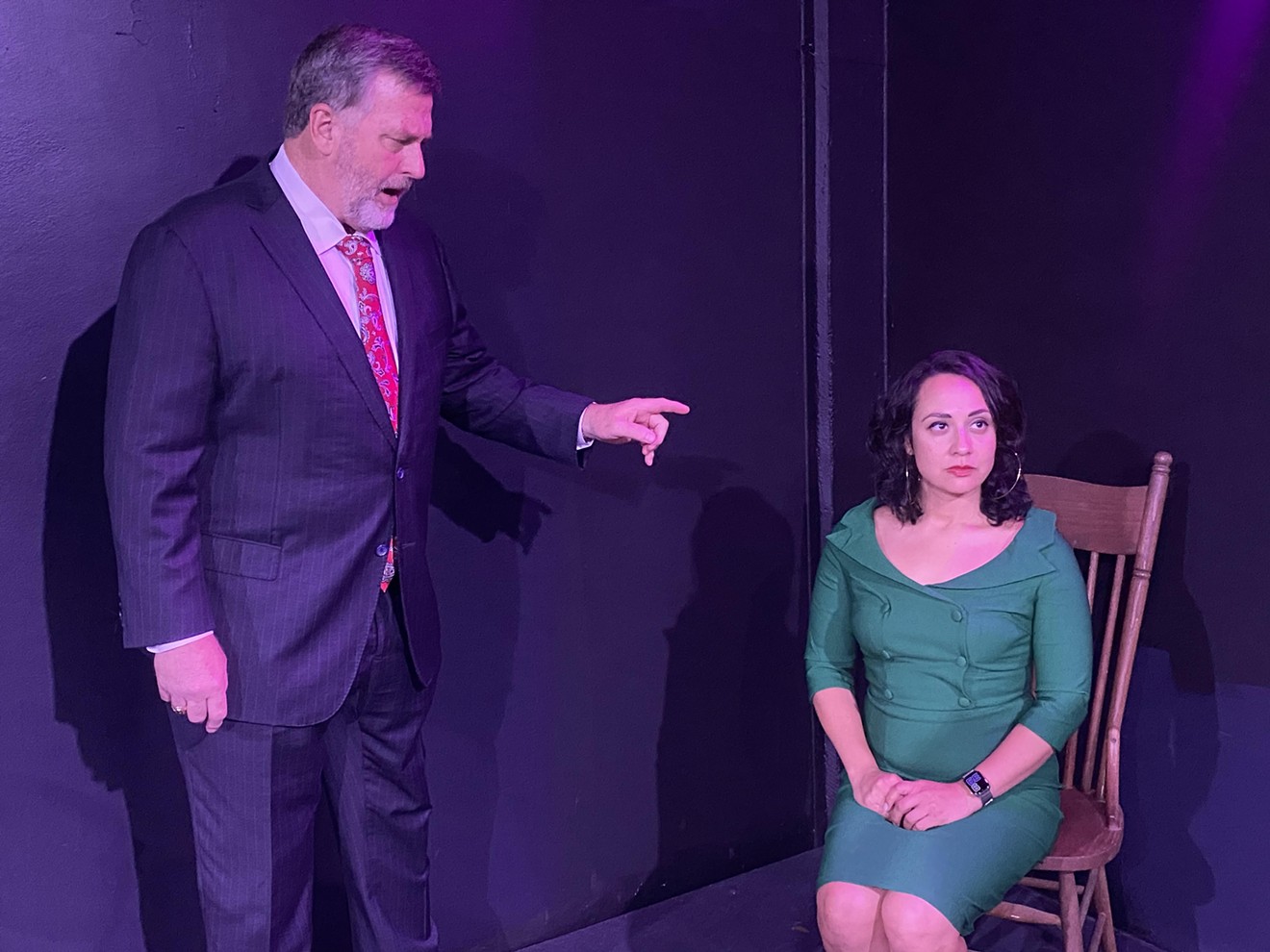 John Raley as Sir Wilfred Robarts and Natalia Cornelio as Romaine Heilger in Cone Man Running Productions' Witness for the Prosecution.